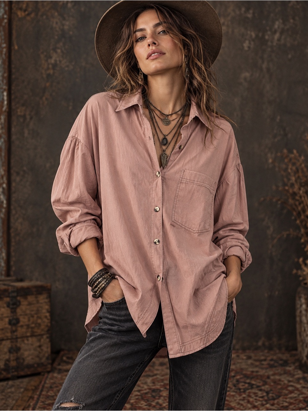 We The Free Free People Dusty Mauve Oversized Button Down Shirt Small